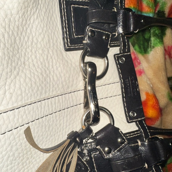 Coach White Pebbled Leather Satchel with Black Trim – Classic Structured Tote - Picture 2 of 8